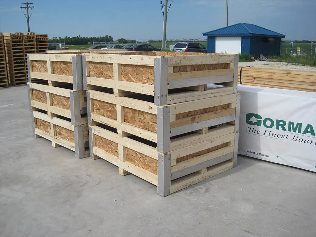 Stacked wood pallet boxes custom made by 204 Pallet & Packaging in Winnipeg.